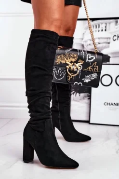 Kozaki Damskie Na Słupku Zamszowe Czarne Pomestro