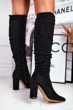 Kozaki Damskie Na Słupku Zamszowe Czarne Pomestro