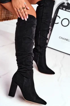 Kozaki Damskie Na Słupku Zamszowe Czarne Pomestro