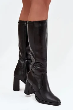 Kozaki Damskie Na Słupku Z Eko Skóry Ocieplane Czarne Lyvella