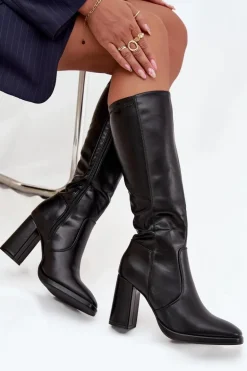 Kozaki Damskie Na Słupku Z Eko Skóry Ocieplane Czarne Lyvella