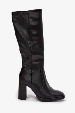 Kozaki Damskie Na Słupku Z Eko Skóry Ocieplane Czarne Lyvella