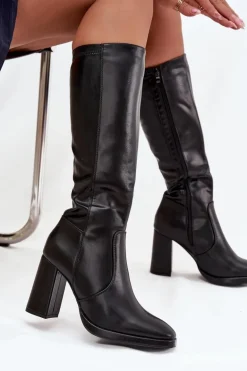 Kozaki Damskie Na Słupku Z Eko Skóry Ocieplane Czarne Lyvella