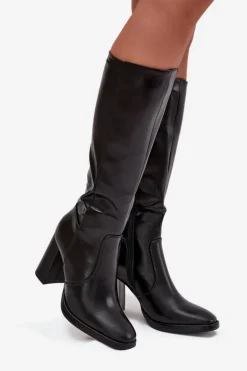 Kozaki Damskie Na Słupku Z Eko Skóry Ocieplane Czarne Lyvella