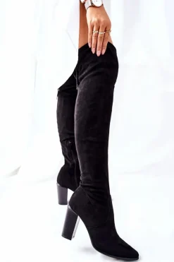 Kozaki Damskie Na Słupku Zamszowe Czarne Monleek