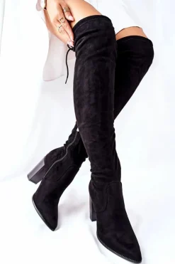 Kozaki Damskie Na Słupku Zamszowe Czarne Monleek