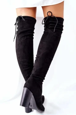 Kozaki Damskie Na Słupku Zamszowe Czarne Monleek