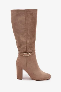 Kozaki Damskie Na Słupku Ze Złotą Klamrą Ocieplane Beżowe Seraphine