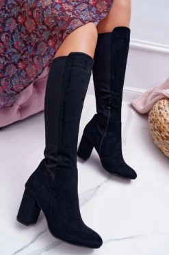 Kozaki Damskie Na Słupku Zamszowe z Lycrą Czarne Machine