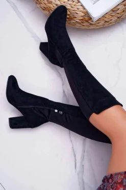 Kozaki Damskie Na Słupku Zamszowe z Lycrą Czarne Machine