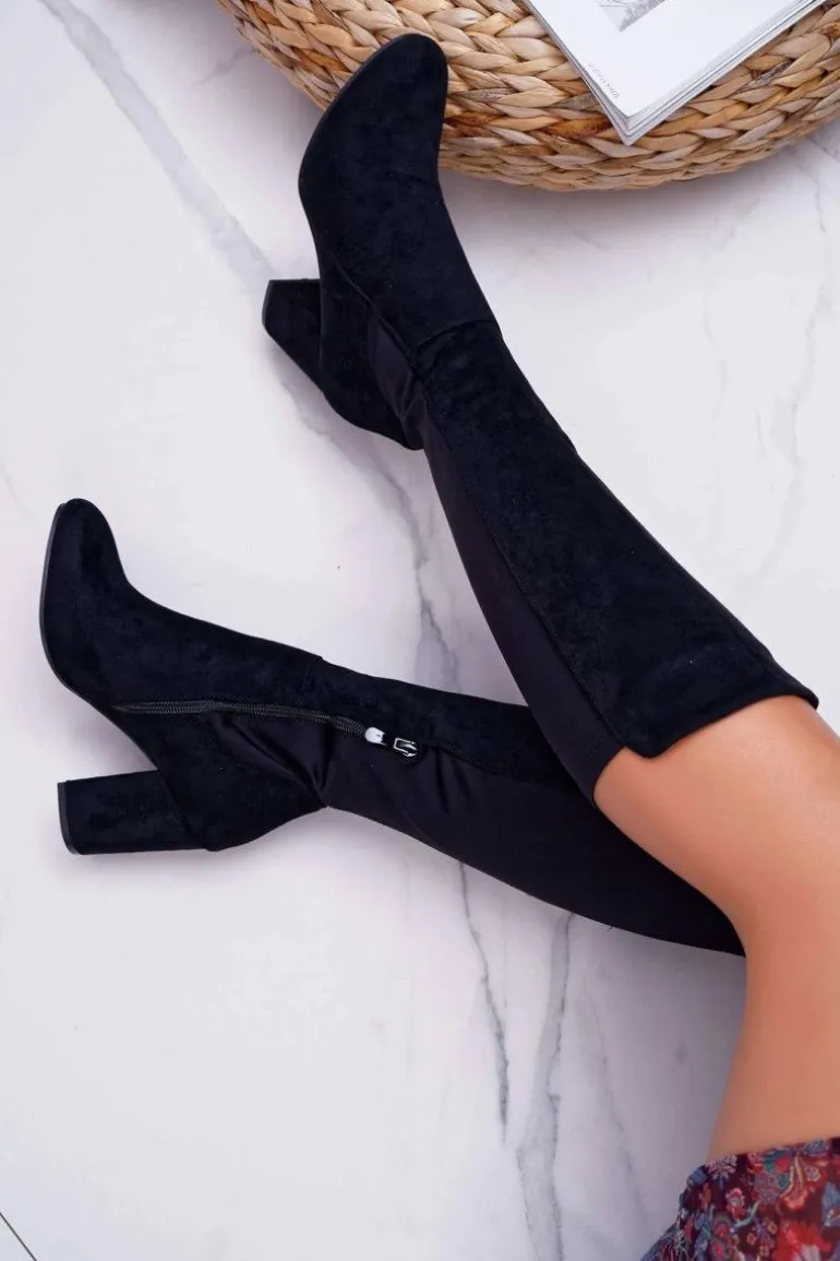 Kozaki Damskie Na Słupku Zamszowe z Lycrą Czarne Machine