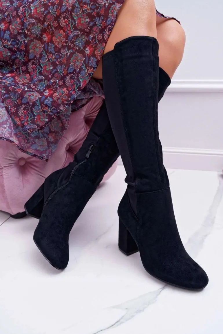 Kozaki Damskie Na Słupku Zamszowe z Lycrą Czarne Machine