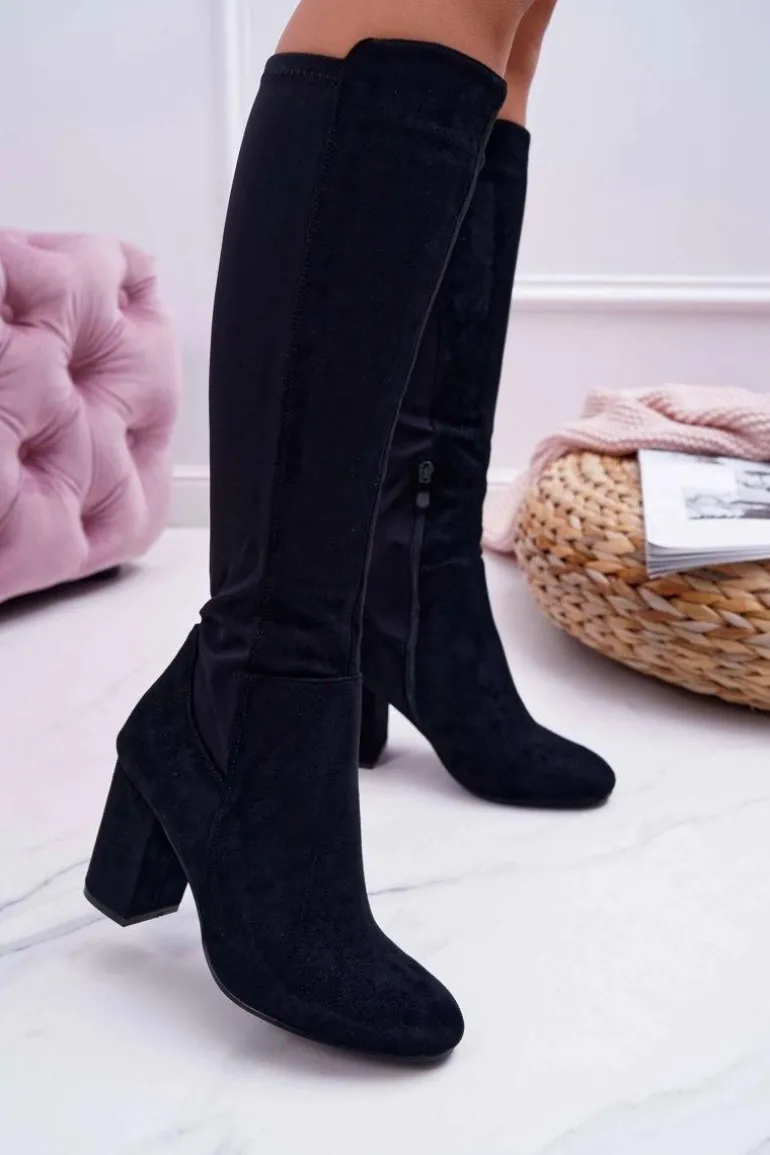 Kozaki Damskie Na Słupku Zamszowe z Lycrą Czarne Machine