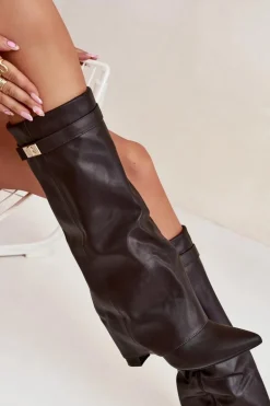 Kozaki Damskie Na Słupku Z Wywiniętą Cholewką I Złotym Detalem Czekoladowe Diorna