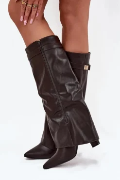 Kozaki Damskie Na Słupku Z Wywiniętą Cholewką I Złotym Detalem Czekoladowe Diorna