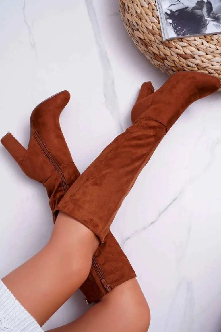 Kozaki Damskie Na Słupku Zamszowe Camel Classy