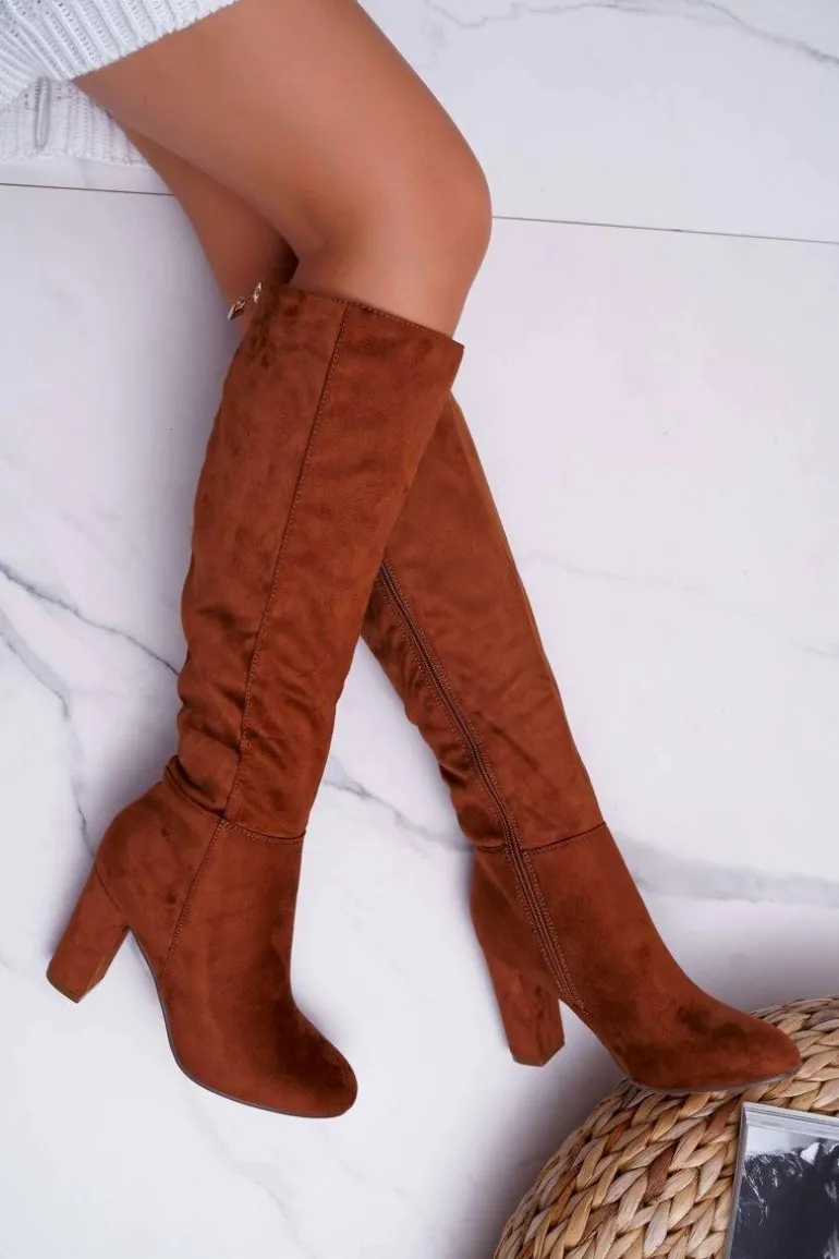 Kozaki Damskie Na Słupku Zamszowe Camel Classy