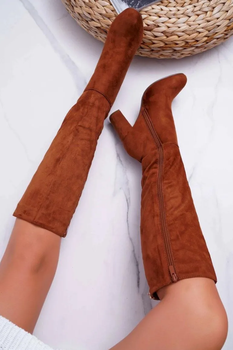 Kozaki Damskie Na Słupku Zamszowe Camel Classy