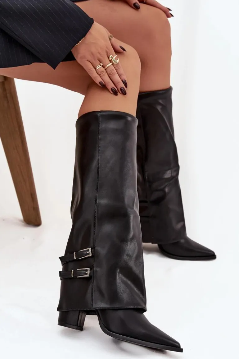 Kozaki Damskie Na Słupku Z Wywiniętą Cholewką I Klamrami Jessae Czarne