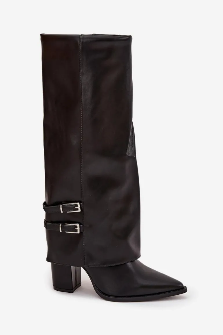 Kozaki Damskie Na Słupku Z Wywiniętą Cholewką I Klamrami Jessae Czarne