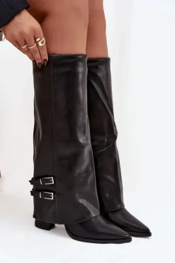 Kozaki Damskie Na Słupku Z Wywiniętą Cholewką I Klamrami Jessae Czarne