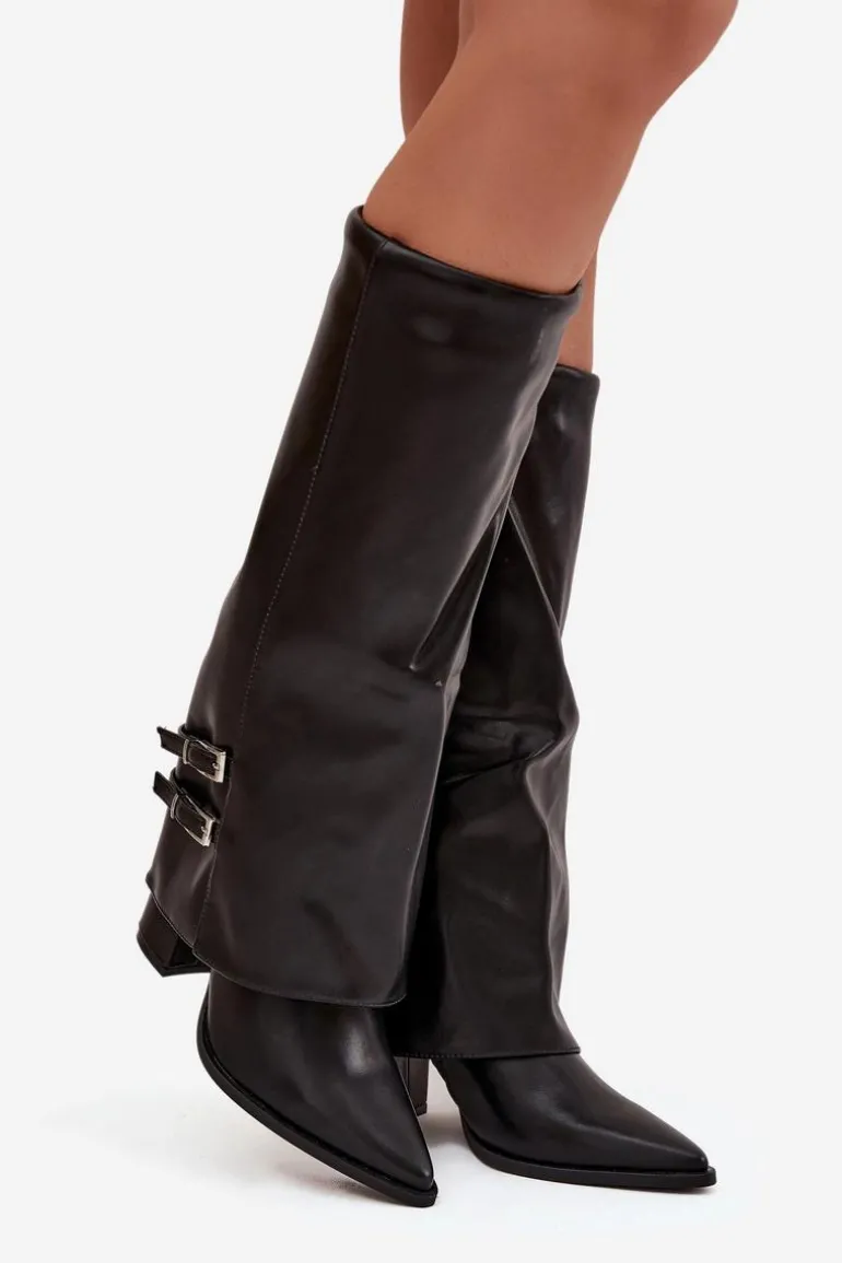 Kozaki Damskie Na Słupku Z Wywiniętą Cholewką I Klamrami Jessae Czarne