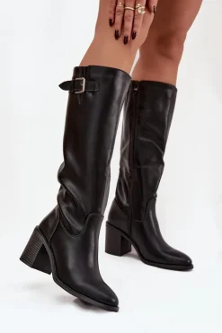 Kozaki Damskie Na Słupku Z Klamrą Czarne Brenira