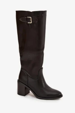 Kozaki Damskie Na Słupku Z Klamrą Czarne Brenira