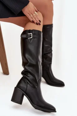 Kozaki Damskie Na Słupku Z Klamrą Czarne Brenira