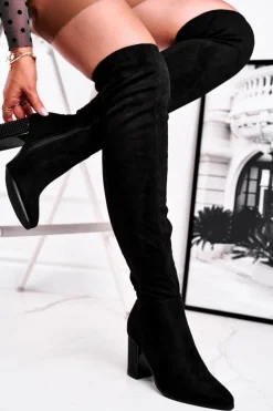 Kozaki Damskie Na Słupku Zamszowe Czarne Victoria