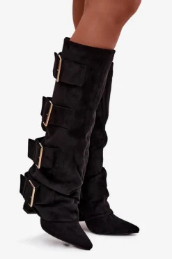 Kozaki Damskie Na Słupku Z Wywiniętą Cholewką I Złotymi Klamrami Eko Zamszowe Czarne Isavelle