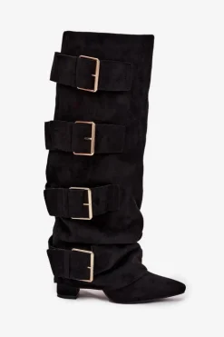 Kozaki Damskie Na Słupku Z Wywiniętą Cholewką I Złotymi Klamrami Eko Zamszowe Czarne Isavelle