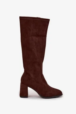 Kozaki Damskie Na Słupku Z Eko Zamszu Czekoladowe Yelisse