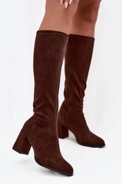 Kozaki Damskie Na Słupku Z Eko Zamszu Czekoladowe Yelisse