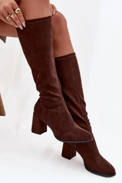 Kozaki Damskie Na Słupku Z Eko Zamszu Czekoladowe Yelisse