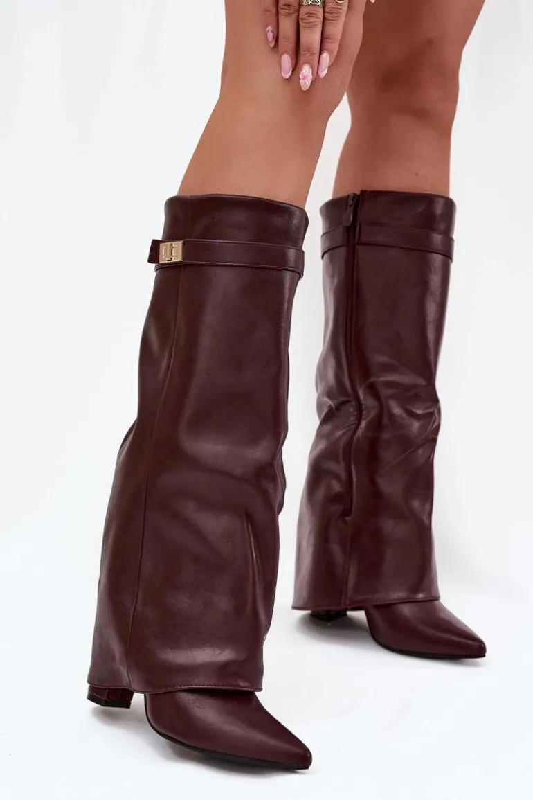 Kozaki Damskie Na Słupku Z Wywiniętą Cholewką I Złotym Detalem Bordowe Diorna