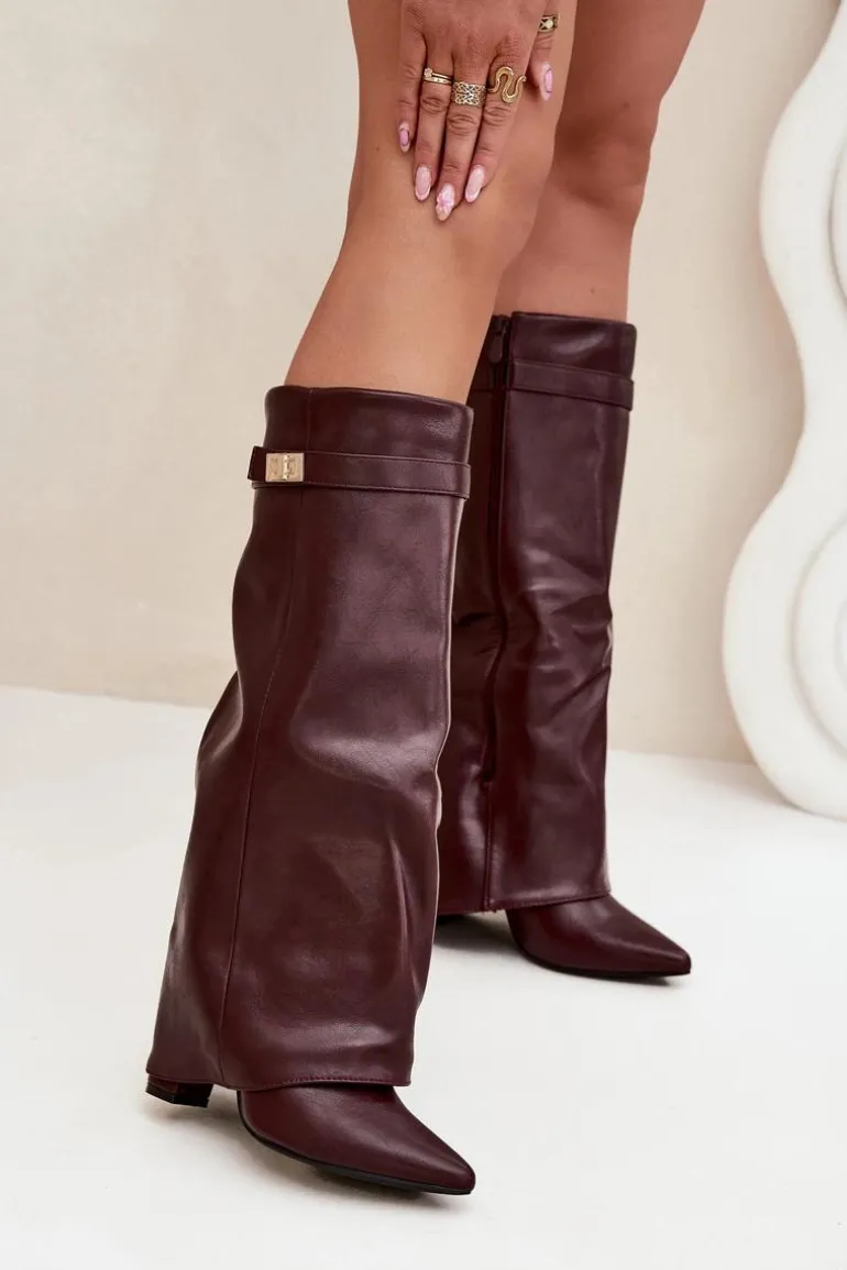 Kozaki Damskie Na Słupku Z Wywiniętą Cholewką I Złotym Detalem Bordowe Diorna