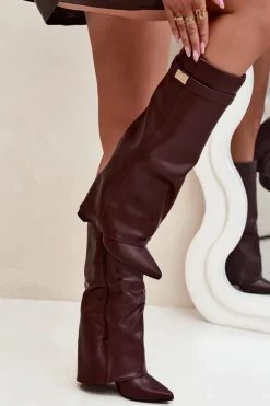 Kozaki Damskie Na Słupku Z Wywiniętą Cholewką I Złotym Detalem Bordowe Diorna