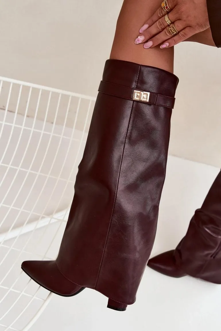 Kozaki Damskie Na Słupku Z Wywiniętą Cholewką I Złotym Detalem Bordowe Diorna