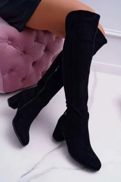 Kozaki Damskie Na Słupku Zamszowe Czarne Torgos