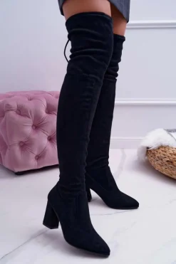 Kozaki Damskie Na Słupku Zamszowe Czarne Bernet