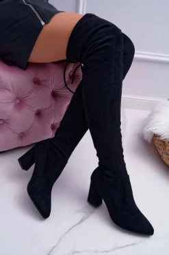 Kozaki Damskie Na Słupku Zamszowe Czarne Bernet