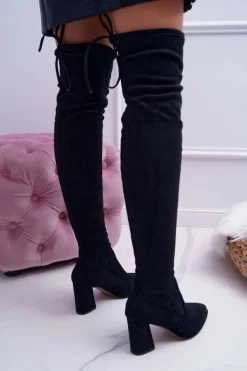 Kozaki Damskie Na Słupku Zamszowe Czarne Bernet