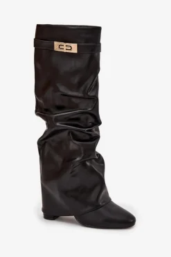 Kozaki Damskie Na Słupku Z Marszczoną Wywiniętą Cholewką Czarne Glorine