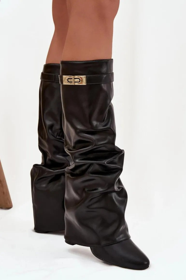 Kozaki Damskie Na Słupku Z Marszczoną Wywiniętą Cholewką Czarne Glorine