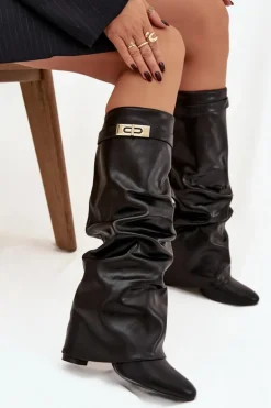 Kozaki Damskie Na Słupku Z Marszczoną Wywiniętą Cholewką Czarne Glorine