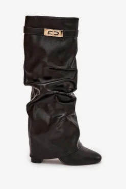 Kozaki Damskie Na Słupku Z Marszczoną Wywiniętą Cholewką Czarne Glorine