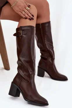 Kozaki Damskie Na Słupku Z Klamrą Czekoladowe Brenira