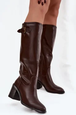 Kozaki Damskie Na Słupku Z Klamrą Czekoladowe Brenira