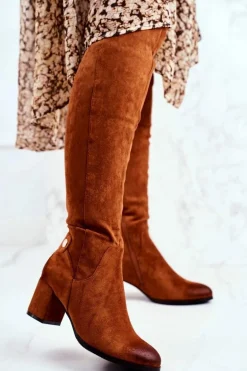 Kozaki Damskie Na Słupku Zamszowe Camel Torgos